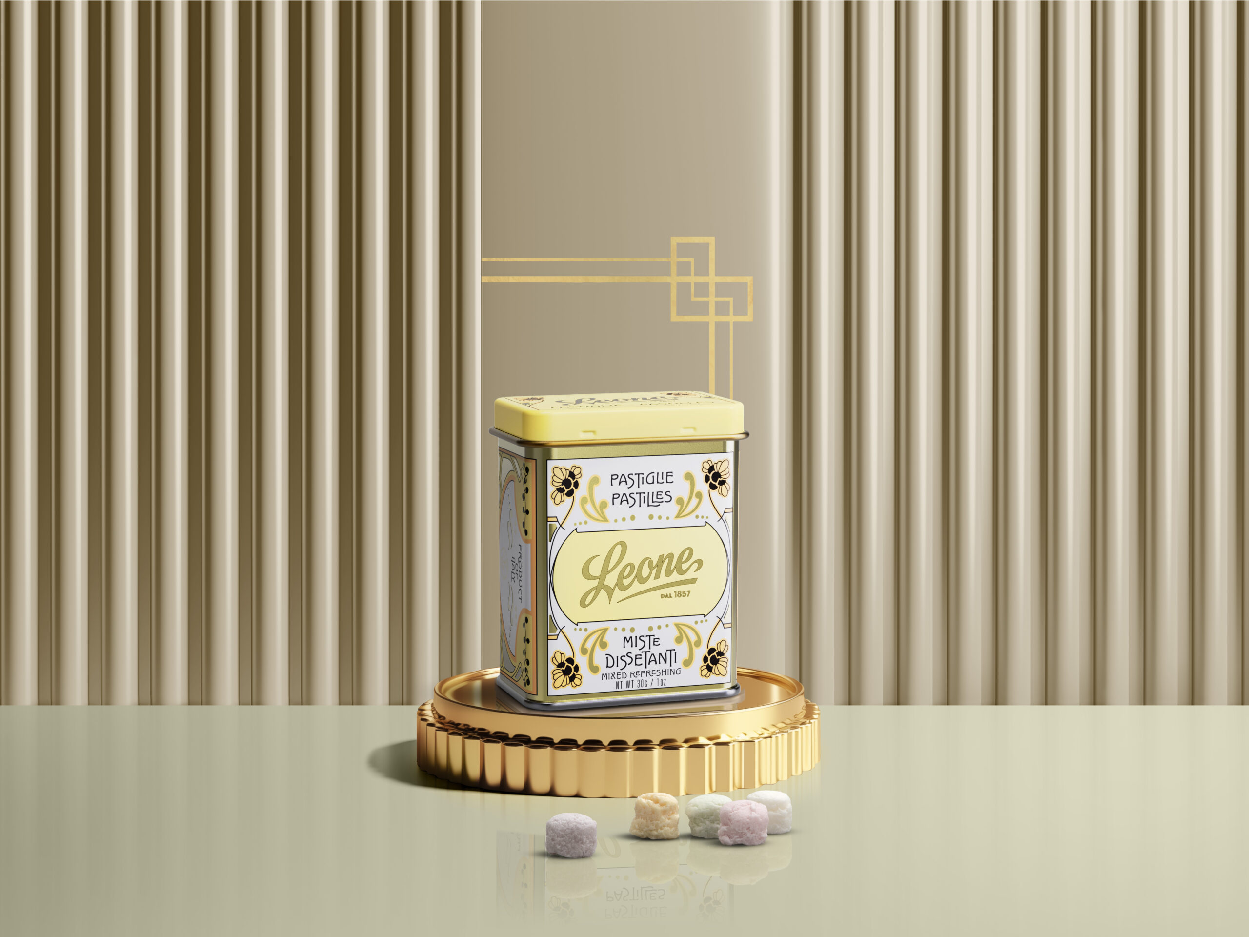 Dažādu garšu pastilas, metāla kārbiņā (Leone, Itālija) 30 g