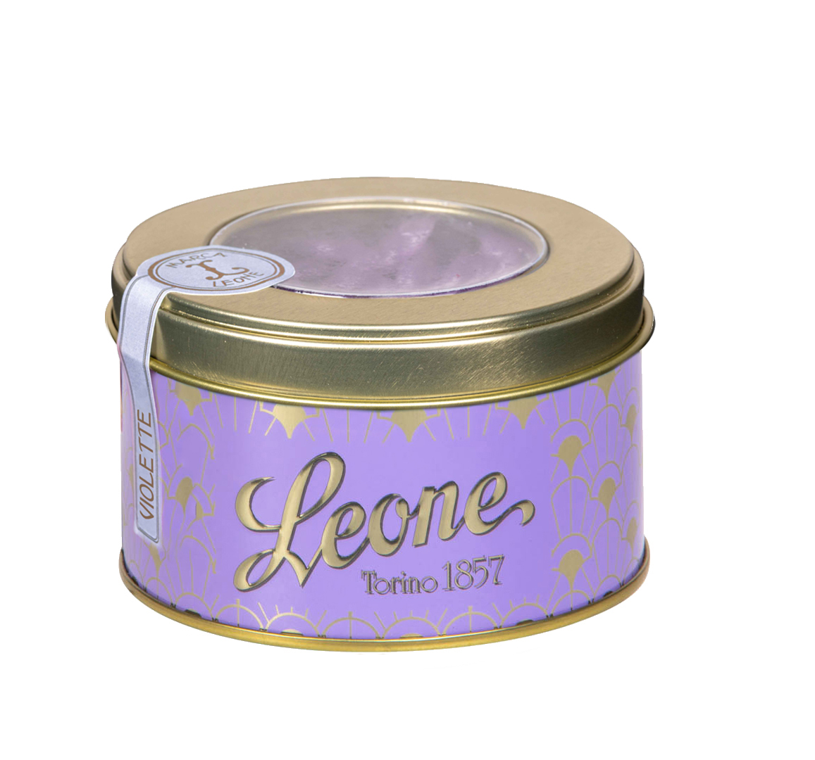 Violeta karamele apaļā metāla kārbā (Leone, Itālija) 150 g