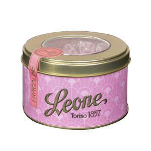Zemeņu želejas konfektes apaļā metāla kārbā (Leone, Itālija) 150 g