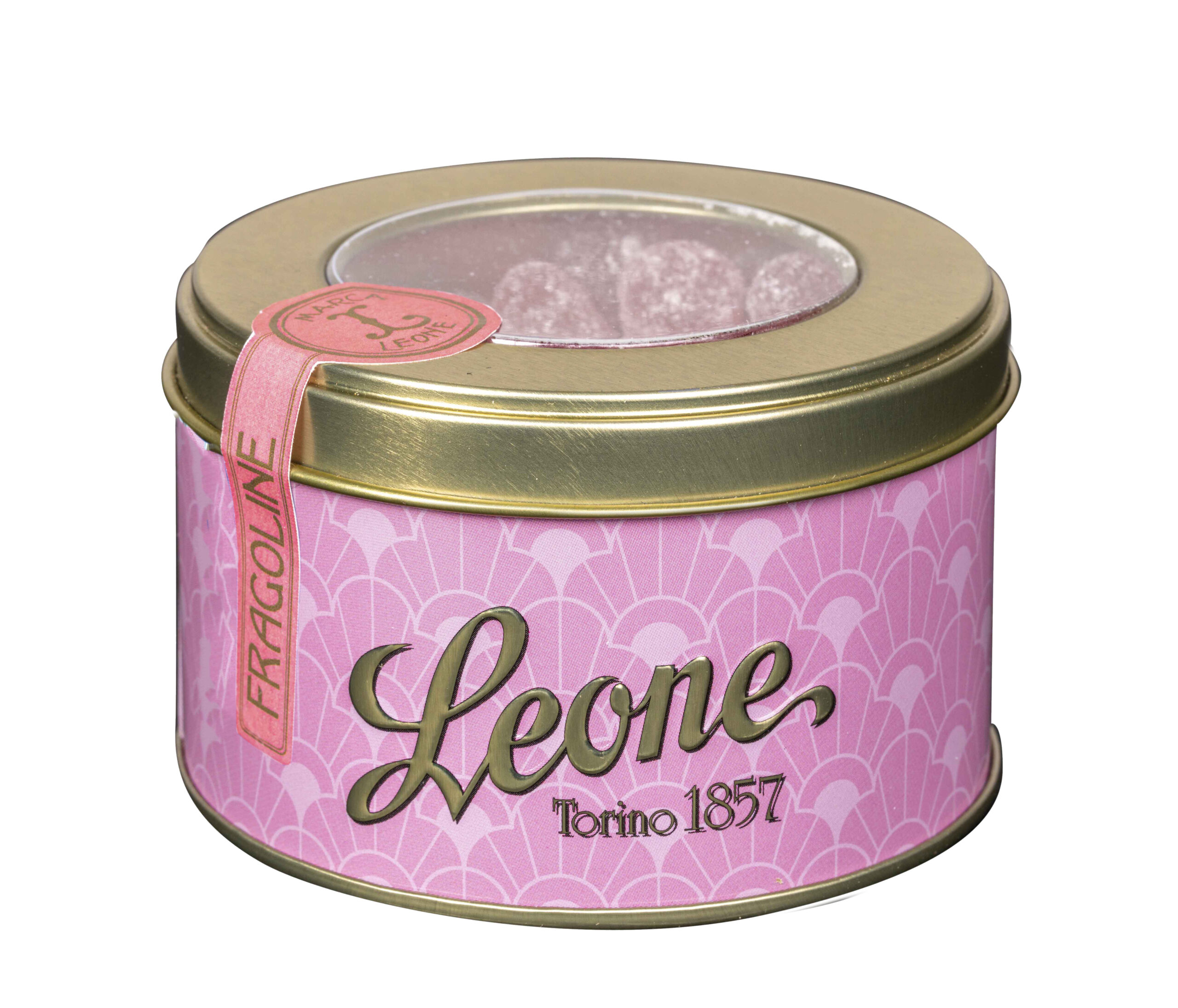 Zemeņu želejas konfektes apaļā metāla kārbā (Leone, Itālija) 150 g