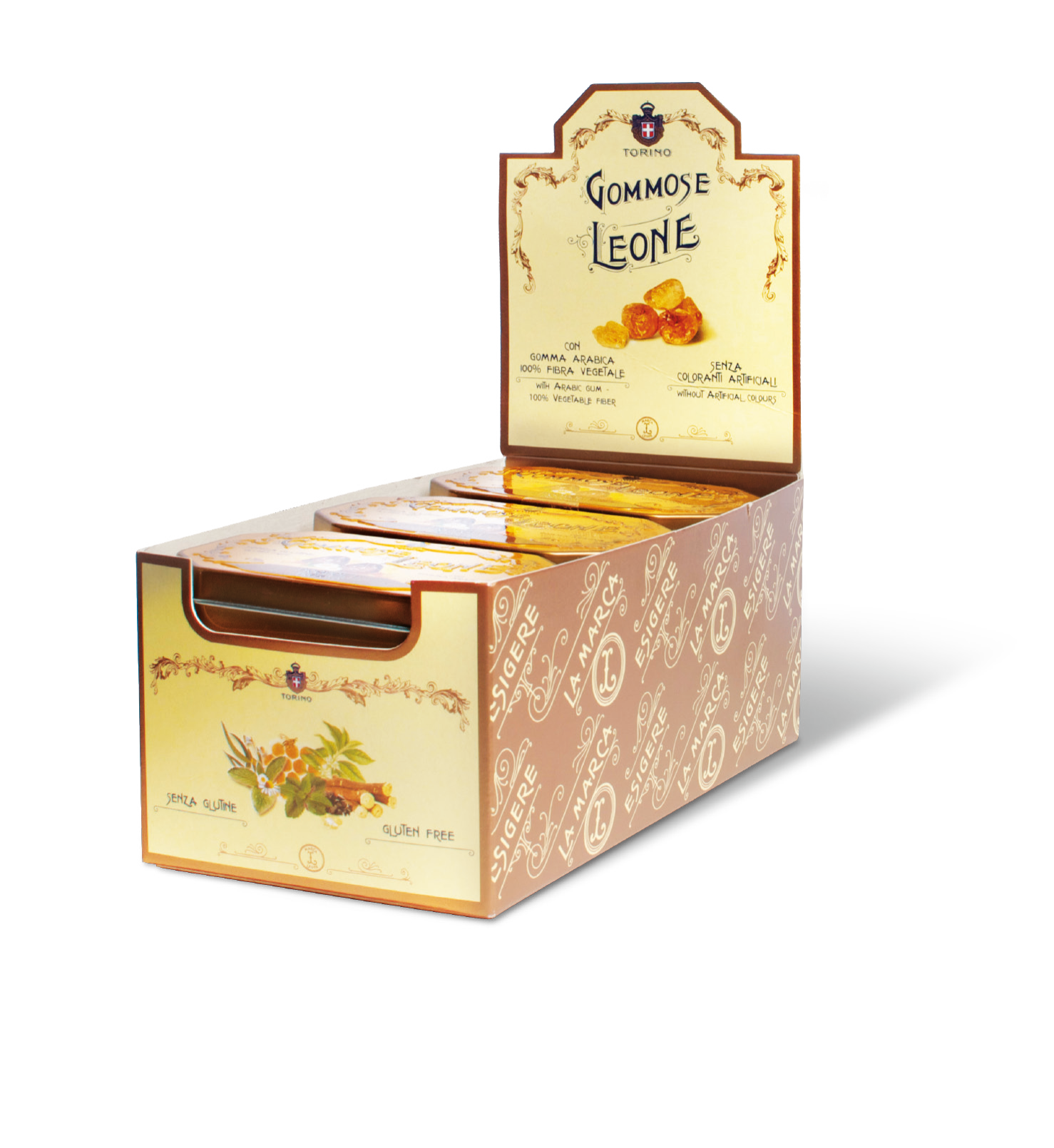 Gumijas konfekšu sortiments ar noformējumu, metāla kastē (Leone, Itālija) 24x42g