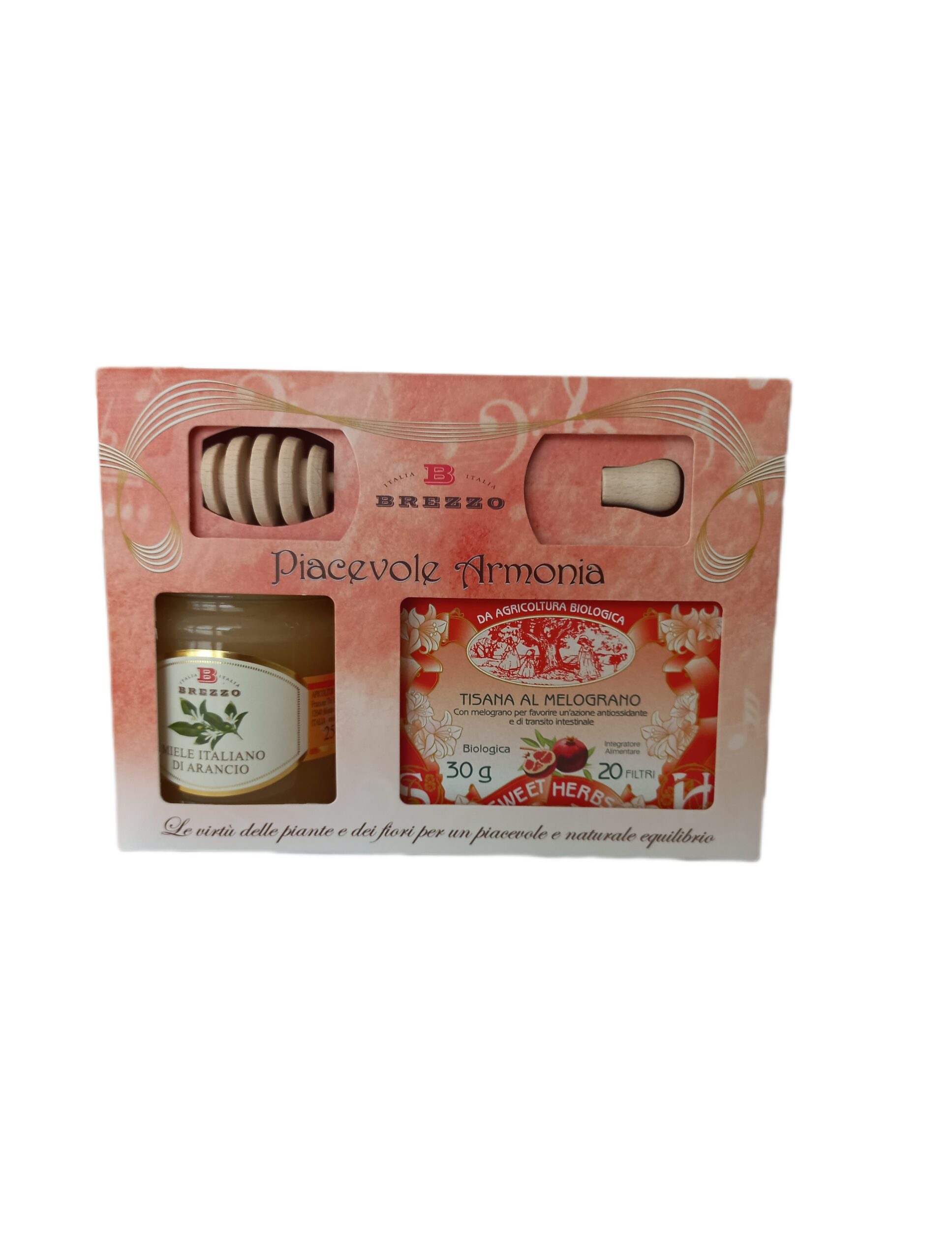 Dāvanu komplekts „Patīkama harmonija BIO“ (sastāvā: apelsīnu medus 250 g un granātābolu zāļu tēja 30 g) (Itālija)