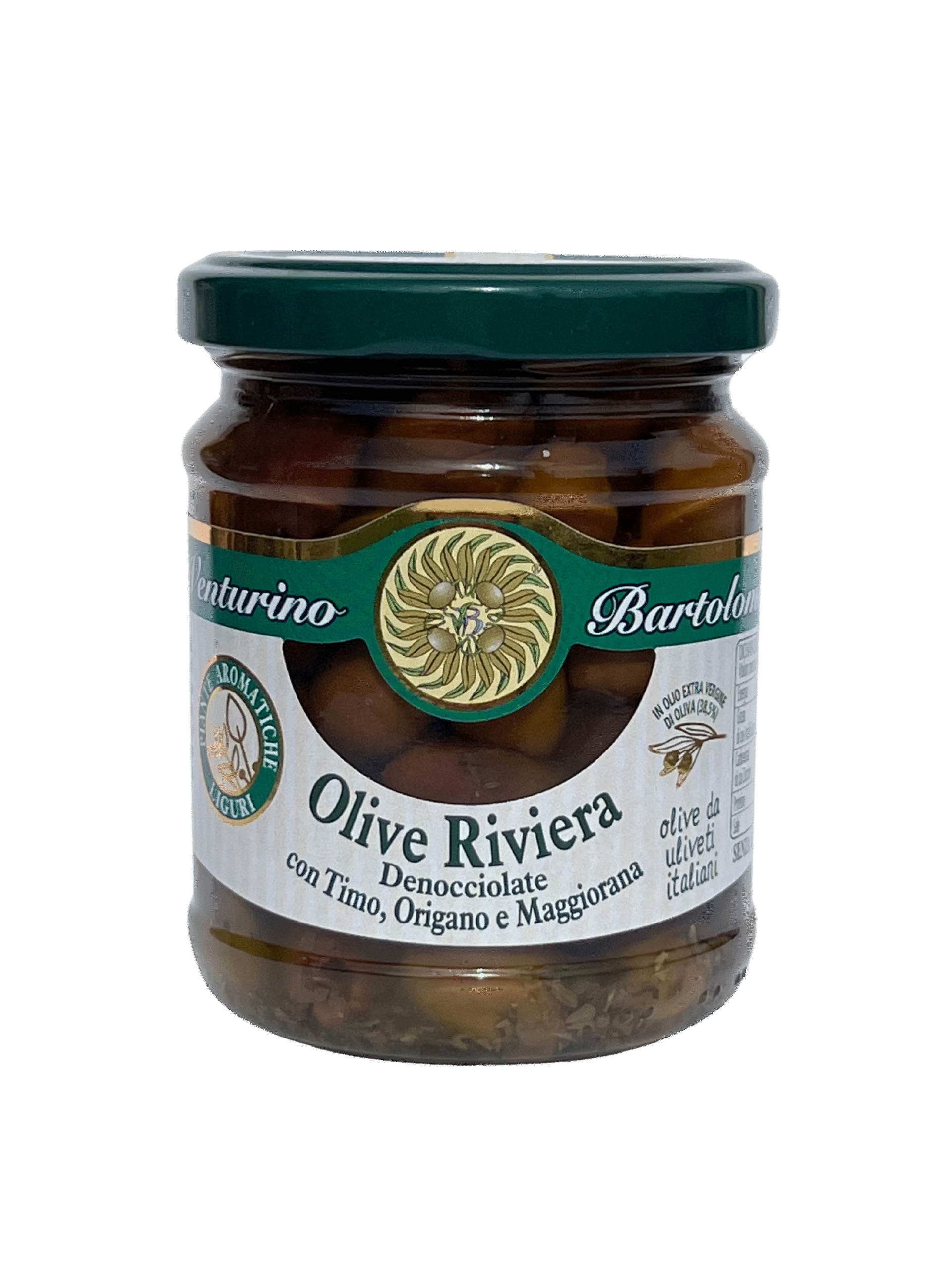 Olīvas „Riviera“ bez kauliņiem, EVO eļļā ar garšaugu garšu, 180 g (Itālija)